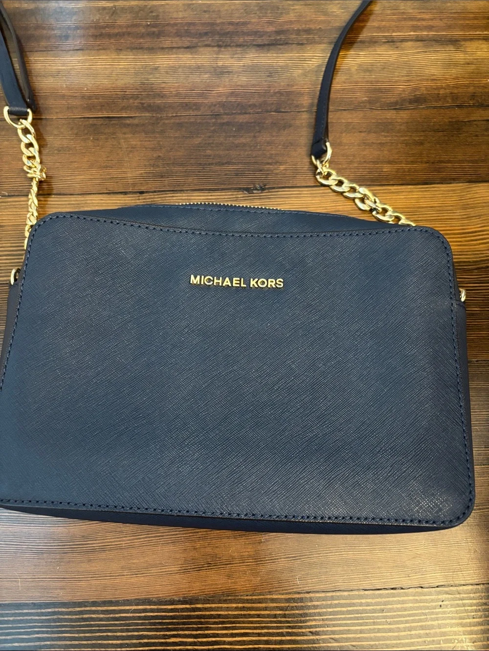 Michael Kors Navy Crossbody with Gold Chain Strap